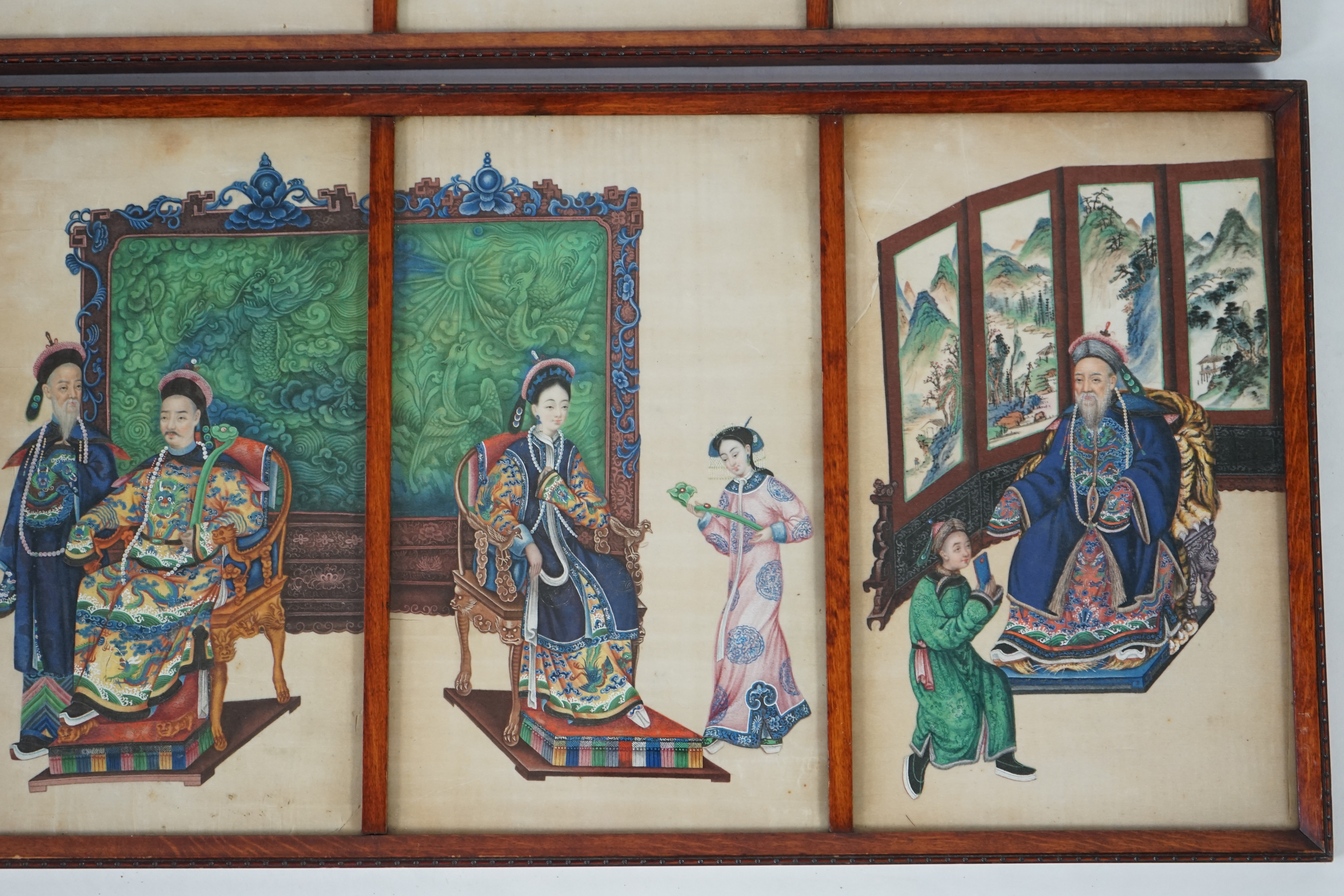 A set of eight Chinese pith paintings of an emperor and empress, court dignitaries and attendants, mid 19th century